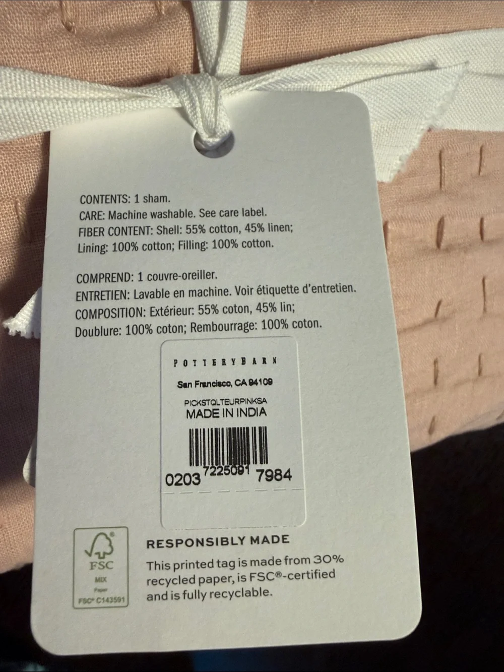 Pottery Barn Pickstitch Euro Sham - Blush 26” x 26”